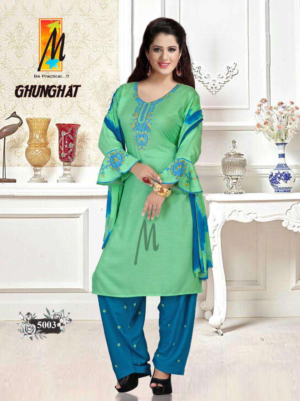 GHUNGHAT BY M BE PRACTICAL 5001 TO 5008 SERIES BEAUTIFUL STYLISH PATIYALA SUITS FANCY COLORFUL CASUAL WEAR & ETHNIC WEAR & READY TO WEAR RAYON WITH WORK DRESSES AT WHOLESALE PRICE