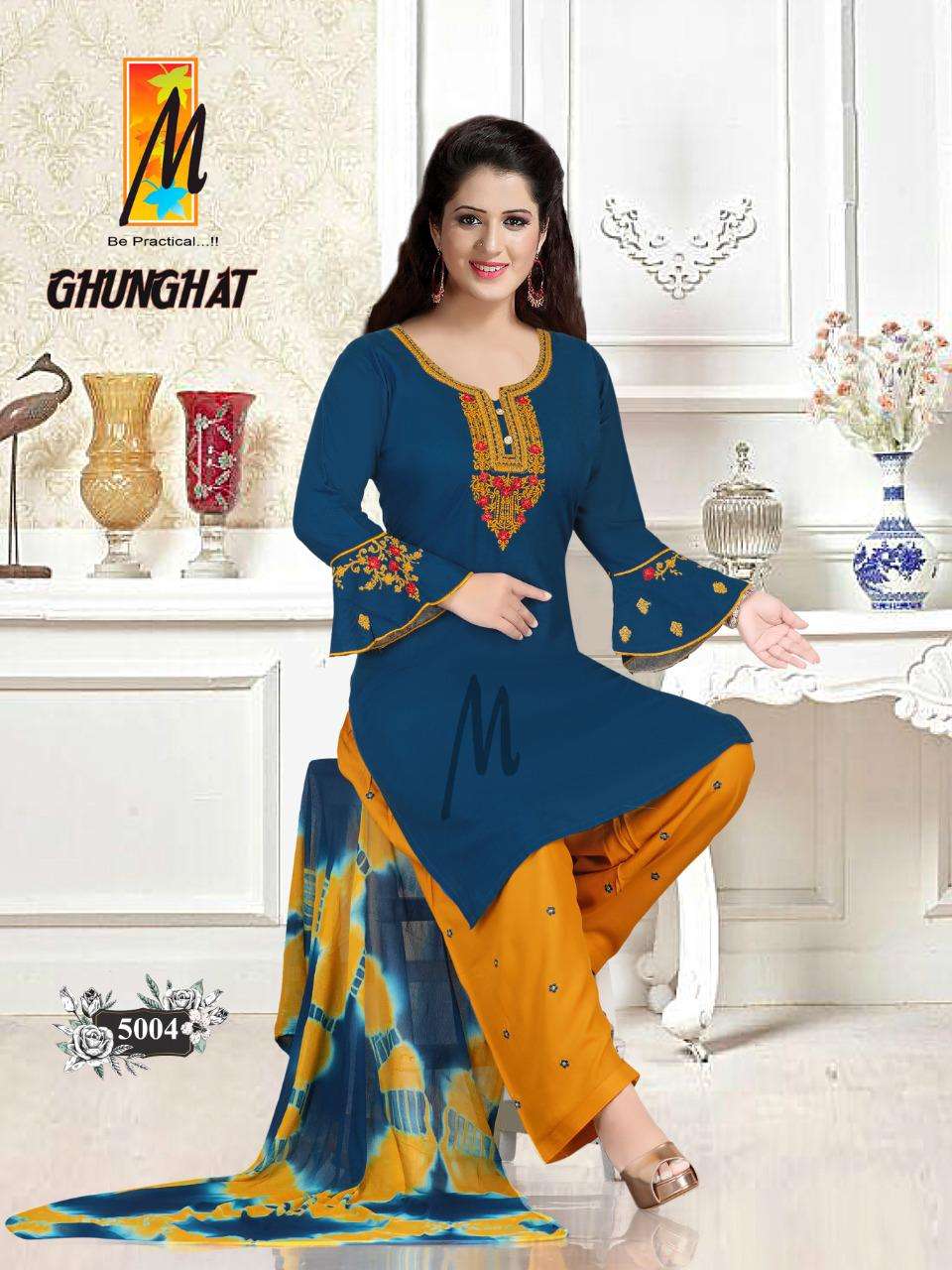 GHUNGHAT BY M BE PRACTICAL 5001 TO 5008 SERIES BEAUTIFUL STYLISH PATIYALA SUITS FANCY COLORFUL CASUAL WEAR & ETHNIC WEAR & READY TO WEAR RAYON WITH WORK DRESSES AT WHOLESALE PRICE