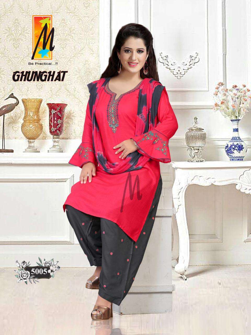 GHUNGHAT BY M BE PRACTICAL 5001 TO 5008 SERIES BEAUTIFUL STYLISH PATIYALA SUITS FANCY COLORFUL CASUAL WEAR & ETHNIC WEAR & READY TO WEAR RAYON WITH WORK DRESSES AT WHOLESALE PRICE