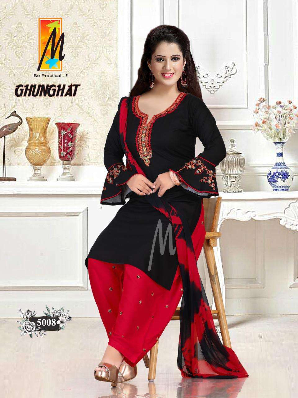 GHUNGHAT BY M BE PRACTICAL 5001 TO 5008 SERIES BEAUTIFUL STYLISH PATIYALA SUITS FANCY COLORFUL CASUAL WEAR & ETHNIC WEAR & READY TO WEAR RAYON WITH WORK DRESSES AT WHOLESALE PRICE