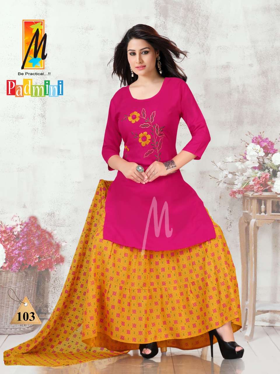PADMINI BY M BE PRACTICAL 101 TO 108 SERIES BEAUTIFUL STYLISH PATIYALA SUITS FANCY COLORFUL CASUAL WEAR & ETHNIC WEAR & READY TO WEAR RAYON WITH WORK DRESSES AT WHOLESALE PRICE