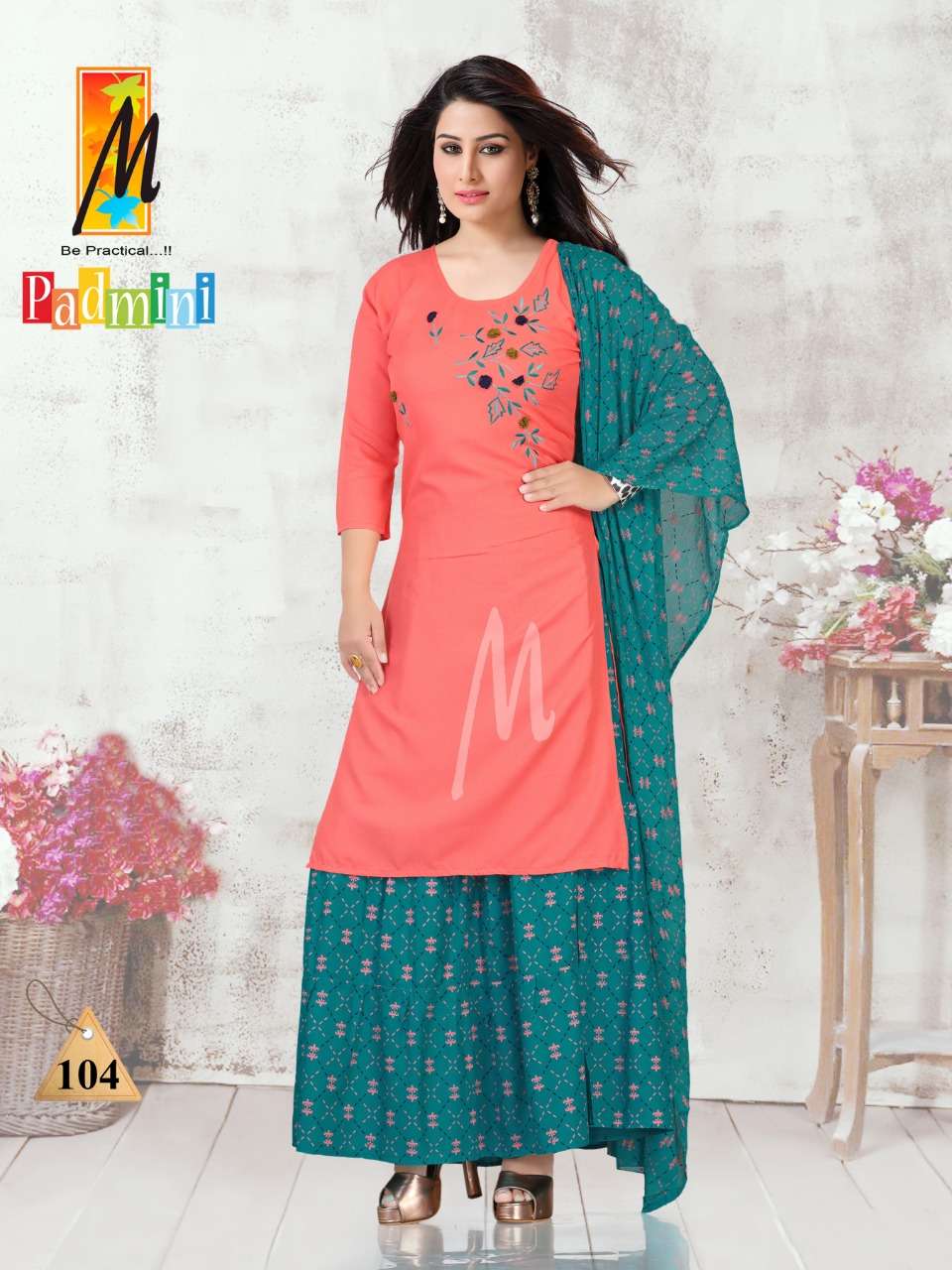 PADMINI BY M BE PRACTICAL 101 TO 108 SERIES BEAUTIFUL STYLISH PATIYALA SUITS FANCY COLORFUL CASUAL WEAR & ETHNIC WEAR & READY TO WEAR RAYON WITH WORK DRESSES AT WHOLESALE PRICE