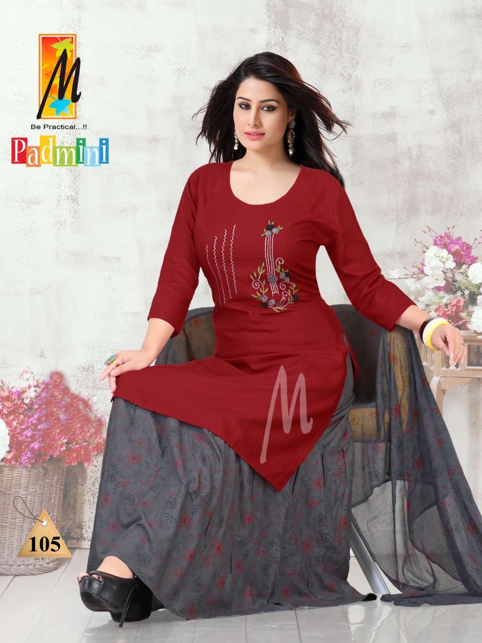PADMINI BY M BE PRACTICAL 101 TO 108 SERIES BEAUTIFUL STYLISH PATIYALA SUITS FANCY COLORFUL CASUAL WEAR & ETHNIC WEAR & READY TO WEAR RAYON WITH WORK DRESSES AT WHOLESALE PRICE