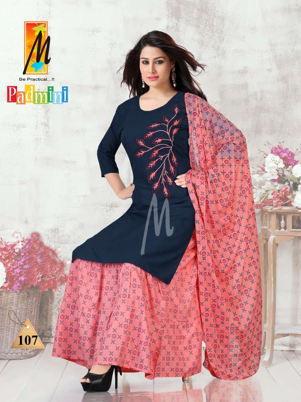 PADMINI BY M BE PRACTICAL 101 TO 108 SERIES BEAUTIFUL STYLISH PATIYALA SUITS FANCY COLORFUL CASUAL WEAR & ETHNIC WEAR & READY TO WEAR RAYON WITH WORK DRESSES AT WHOLESALE PRICE