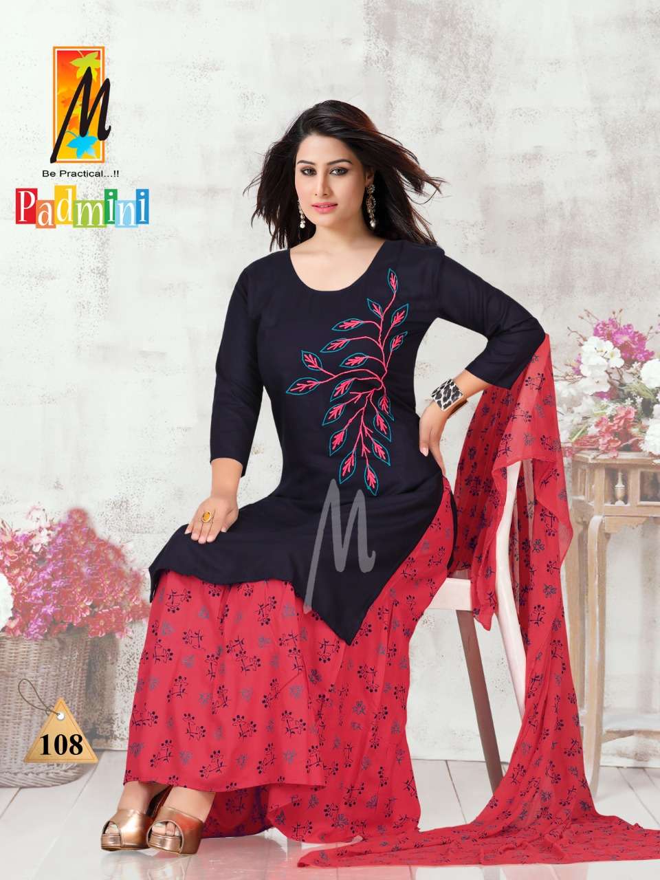 PADMINI BY M BE PRACTICAL 101 TO 108 SERIES BEAUTIFUL STYLISH PATIYALA SUITS FANCY COLORFUL CASUAL WEAR & ETHNIC WEAR & READY TO WEAR RAYON WITH WORK DRESSES AT WHOLESALE PRICE