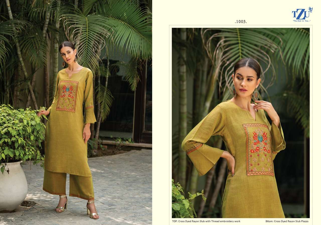 GLAZED BY TZU 1001 TO 1004 SERIES DESIGNER STYLISH FANCY COLORFUL BEAUTIFUL PARTY WEAR & ETHNIC WEAR COLLECTION RAYON SLUB EMBROIDERY KURTIS WITH BOTTOM AT WHOLESALE PRICE