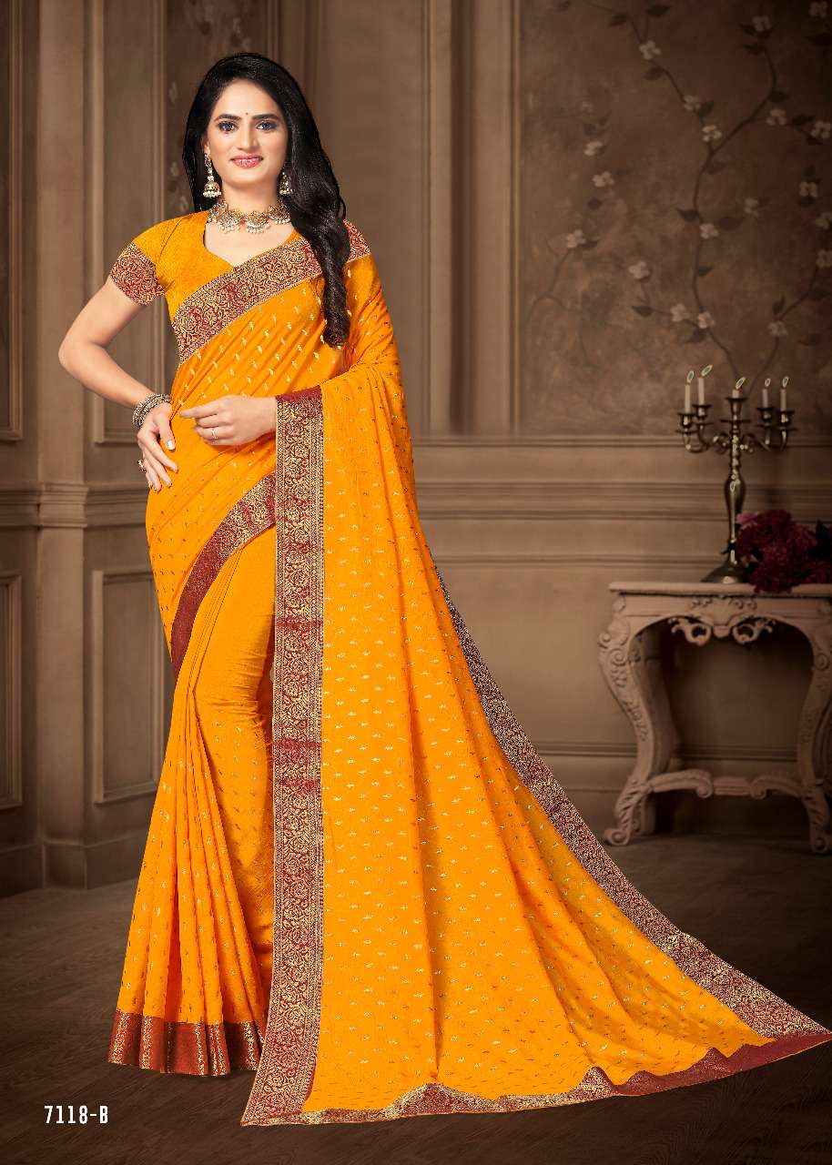 PEELA LADDU BY INDIAN WOMEN INDIAN TRADITIONAL WEAR COLLECTION BEAUTIFUL STYLISH FANCY COLORFUL PARTY WEAR & OCCASIONAL WEAR VICHITRA SILK SAREES AT WHOLESALE PRICE