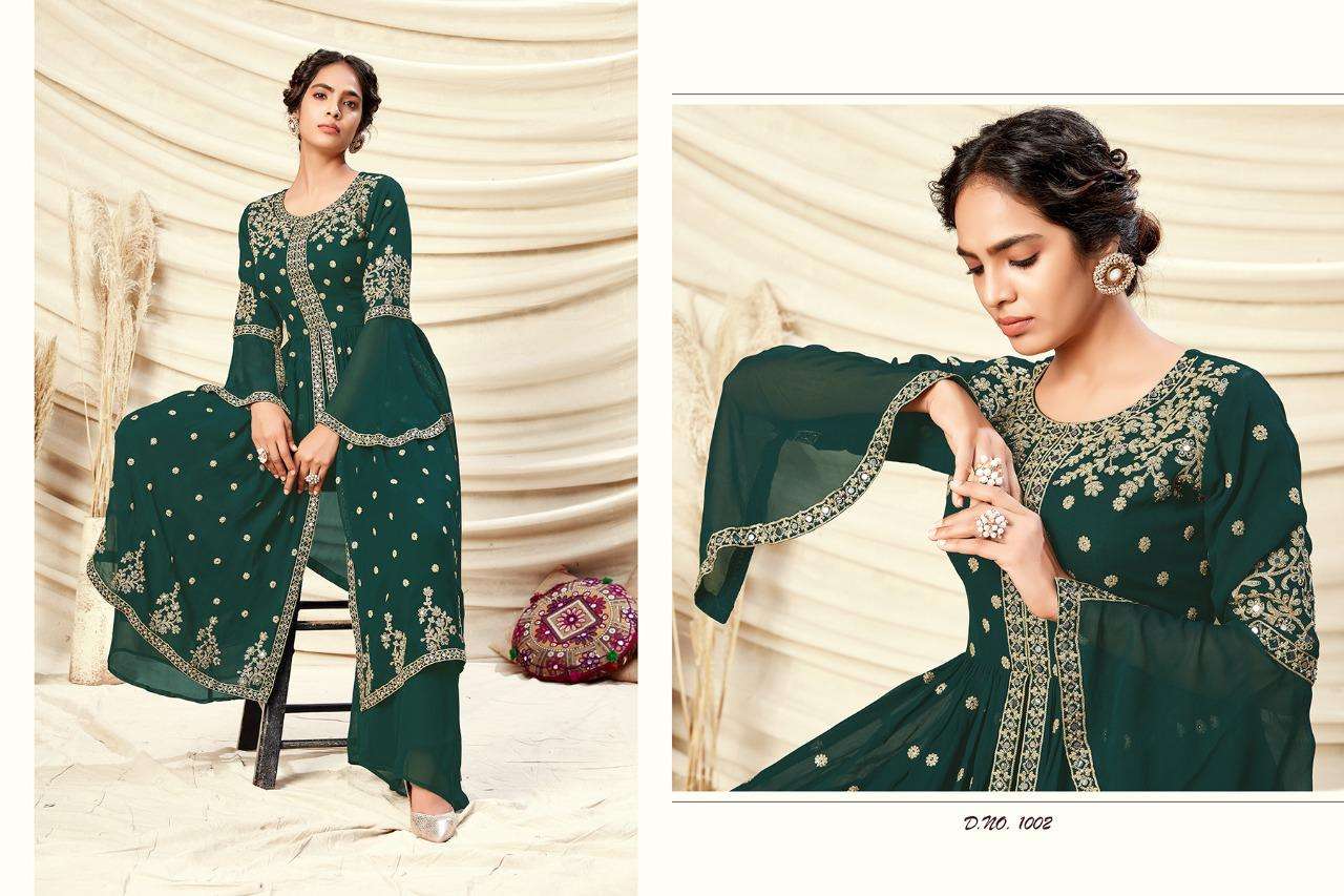 JANHA AARA BY RANI TRENDZ 1002-A TO 1002-D SERIES BEAUTIFUL STYLISH SHARARA SUITS FANCY COLORFUL CASUAL WEAR & ETHNIC WEAR & READY TO WEAR REAL GEORGETTE DRESSES AT WHOLESALE PRICE