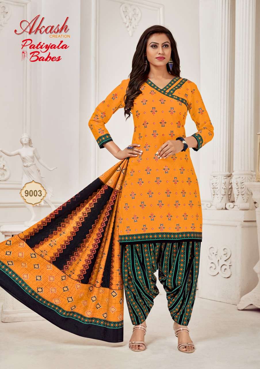 PATIYALA BABES VOL-9 BY AKASH CREATION 8001 TO 8010 SERIES INDIAN TRADITIONAL WEAR COLLECTION BEAUTIFUL STYLISH FANCY COLORFUL PARTY WEAR & OCCASIONAL WEAR PURE COTTON PRINT DRESSES AT WHOLESALE PRICE
