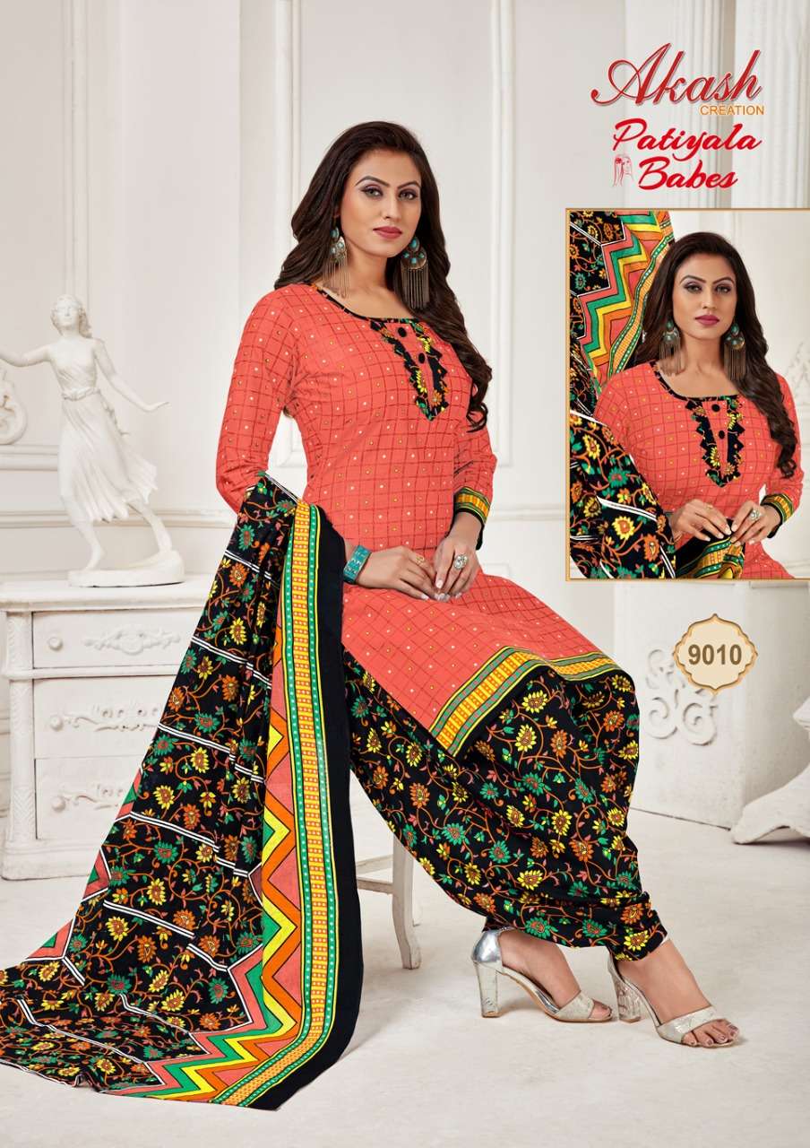 PATIYALA BABES VOL-9 BY AKASH CREATION 8001 TO 8010 SERIES INDIAN TRADITIONAL WEAR COLLECTION BEAUTIFUL STYLISH FANCY COLORFUL PARTY WEAR & OCCASIONAL WEAR PURE COTTON PRINT DRESSES AT WHOLESALE PRICE