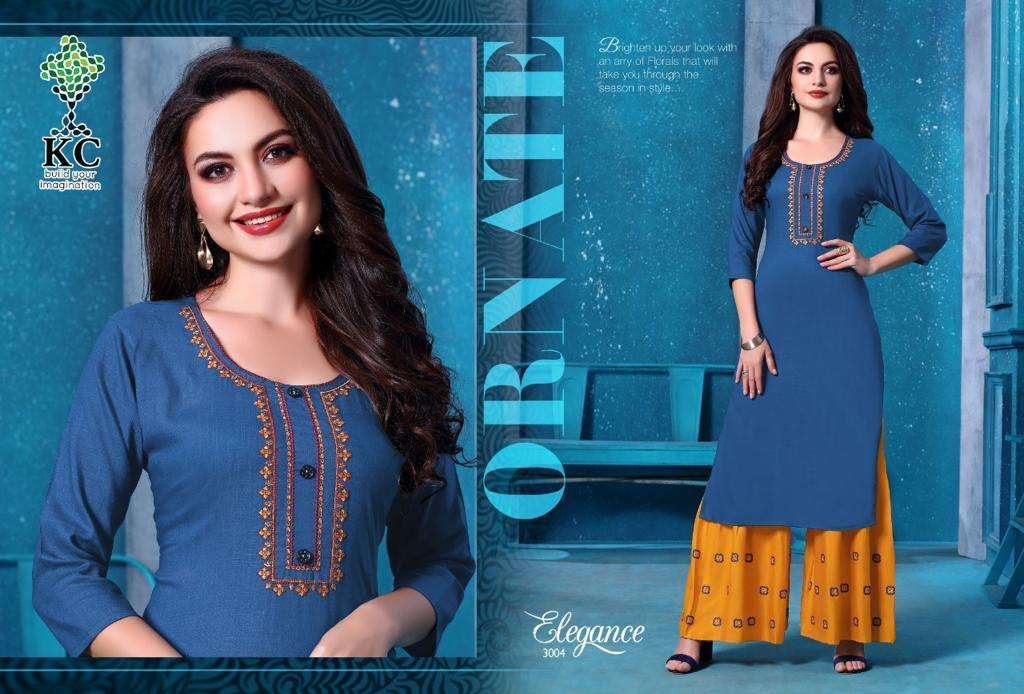 ELEGANCE VOL-3 BY KC 3001 TO 3008 SERIES DESIGNER COLLECTION BEAUTIFUL STYLISH FANCY COLORFUL PARTY WEAR & OCCASIONAL WEAR RAYON SLUB KURTIS WITH BOTTOM AT WHOLESALE PRICE