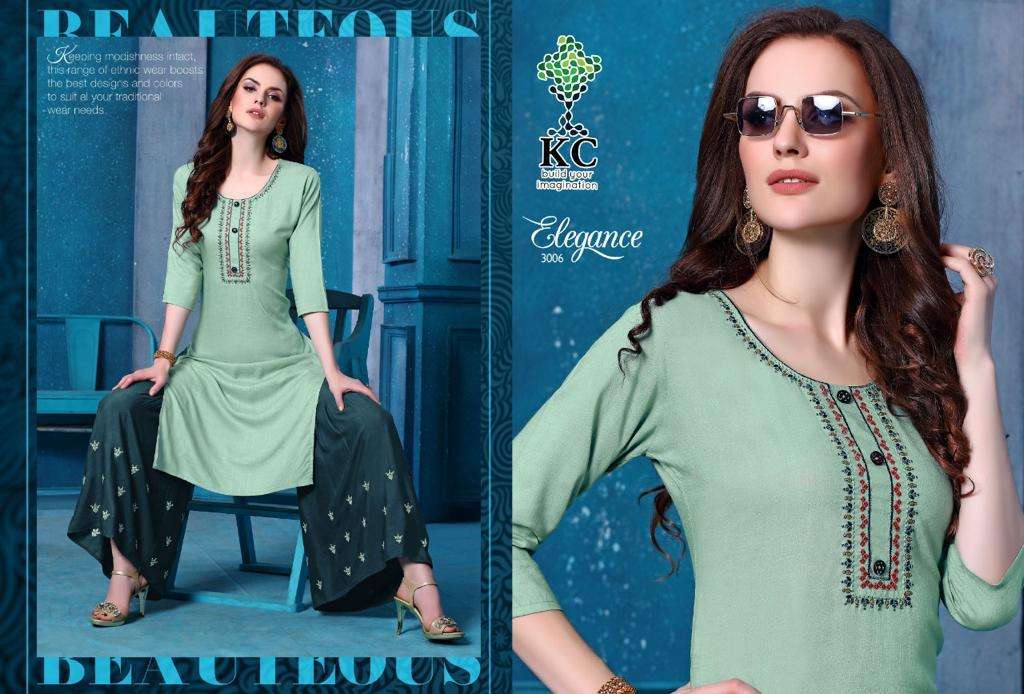ELEGANCE VOL-3 BY KC 3001 TO 3008 SERIES DESIGNER COLLECTION BEAUTIFUL STYLISH FANCY COLORFUL PARTY WEAR & OCCASIONAL WEAR RAYON SLUB KURTIS WITH BOTTOM AT WHOLESALE PRICE