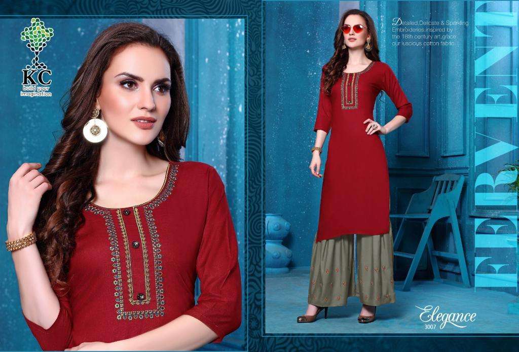 ELEGANCE VOL-3 BY KC 3001 TO 3008 SERIES DESIGNER COLLECTION BEAUTIFUL STYLISH FANCY COLORFUL PARTY WEAR & OCCASIONAL WEAR RAYON SLUB KURTIS WITH BOTTOM AT WHOLESALE PRICE