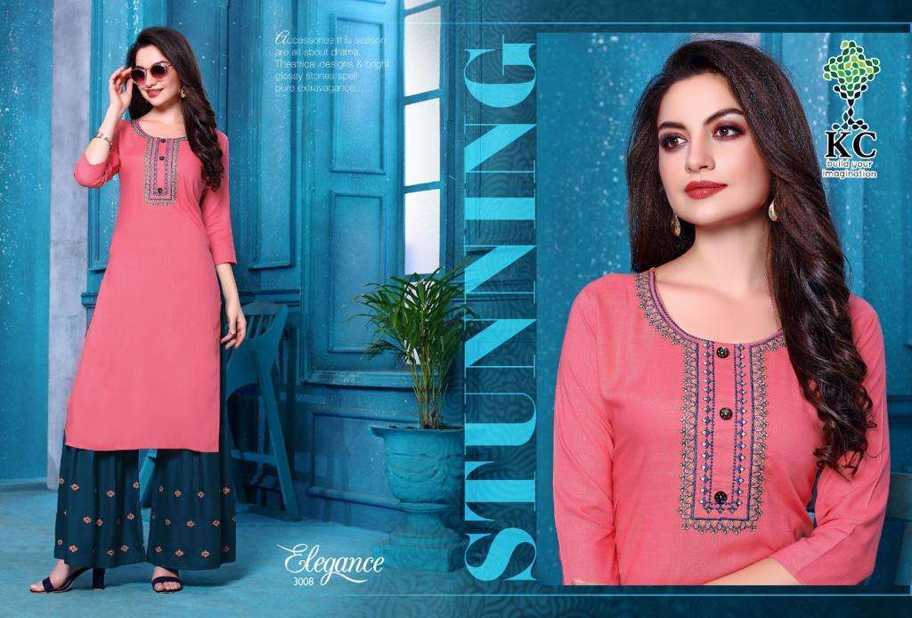 ELEGANCE VOL-3 BY KC 3001 TO 3008 SERIES DESIGNER COLLECTION BEAUTIFUL STYLISH FANCY COLORFUL PARTY WEAR & OCCASIONAL WEAR RAYON SLUB KURTIS WITH BOTTOM AT WHOLESALE PRICE