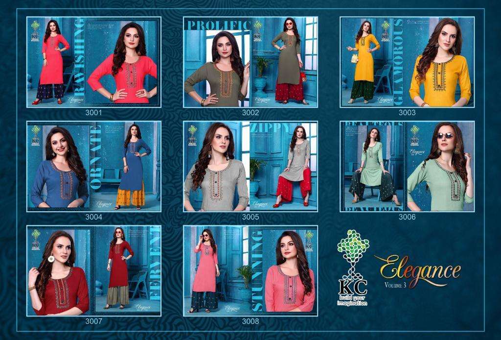 ELEGANCE VOL-3 BY KC 3001 TO 3008 SERIES DESIGNER COLLECTION BEAUTIFUL STYLISH FANCY COLORFUL PARTY WEAR & OCCASIONAL WEAR RAYON SLUB KURTIS WITH BOTTOM AT WHOLESALE PRICE