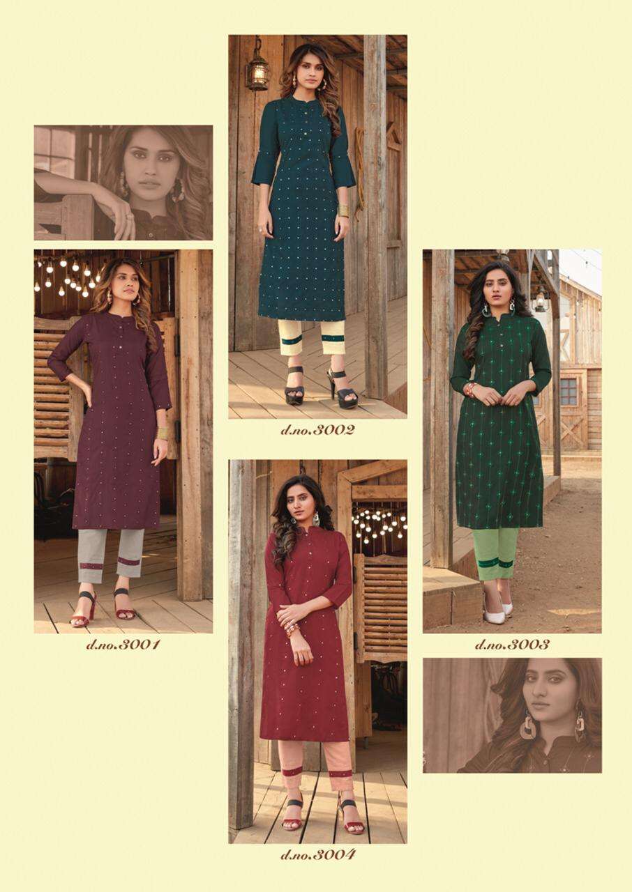 SIYARA BY KRISHA EXPORTS 3001 TO 3004 SERIES DESIGNER STYLISH FANCY COLORFUL BEAUTIFUL PARTY WEAR & ETHNIC WEAR COLLECTION RAYON EMBROIDERY KURTIS WITH BOTTOM AT WHOLESALE PRICE