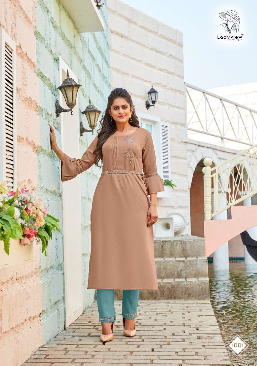 BELTOM BY LADY VIEW 1001 TO 1006 SERIES DESIGNER STYLISH FANCY COLORFUL BEAUTIFUL PARTY WEAR & ETHNIC WEAR COLLECTION RAYON EMBROIDERY KURTIS WITH BOTTOM AT WHOLESALE PRICE