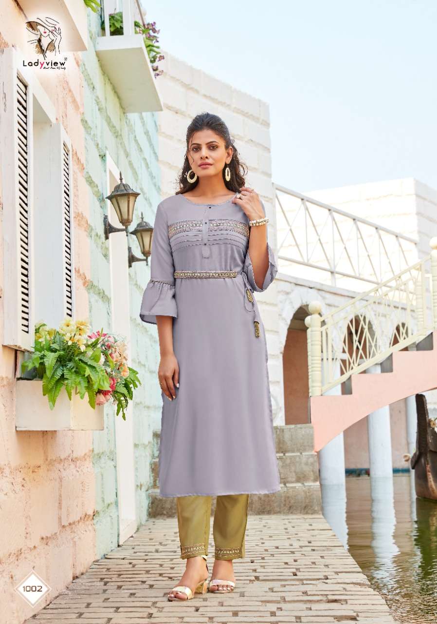BELTOM BY LADY VIEW 1001 TO 1006 SERIES DESIGNER STYLISH FANCY COLORFUL BEAUTIFUL PARTY WEAR & ETHNIC WEAR COLLECTION RAYON EMBROIDERY KURTIS WITH BOTTOM AT WHOLESALE PRICE