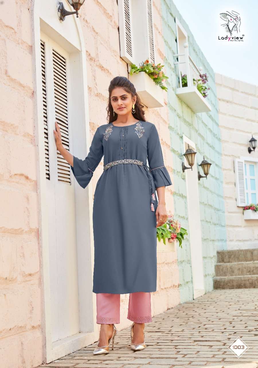 BELTOM BY LADY VIEW 1001 TO 1006 SERIES DESIGNER STYLISH FANCY COLORFUL BEAUTIFUL PARTY WEAR & ETHNIC WEAR COLLECTION RAYON EMBROIDERY KURTIS WITH BOTTOM AT WHOLESALE PRICE