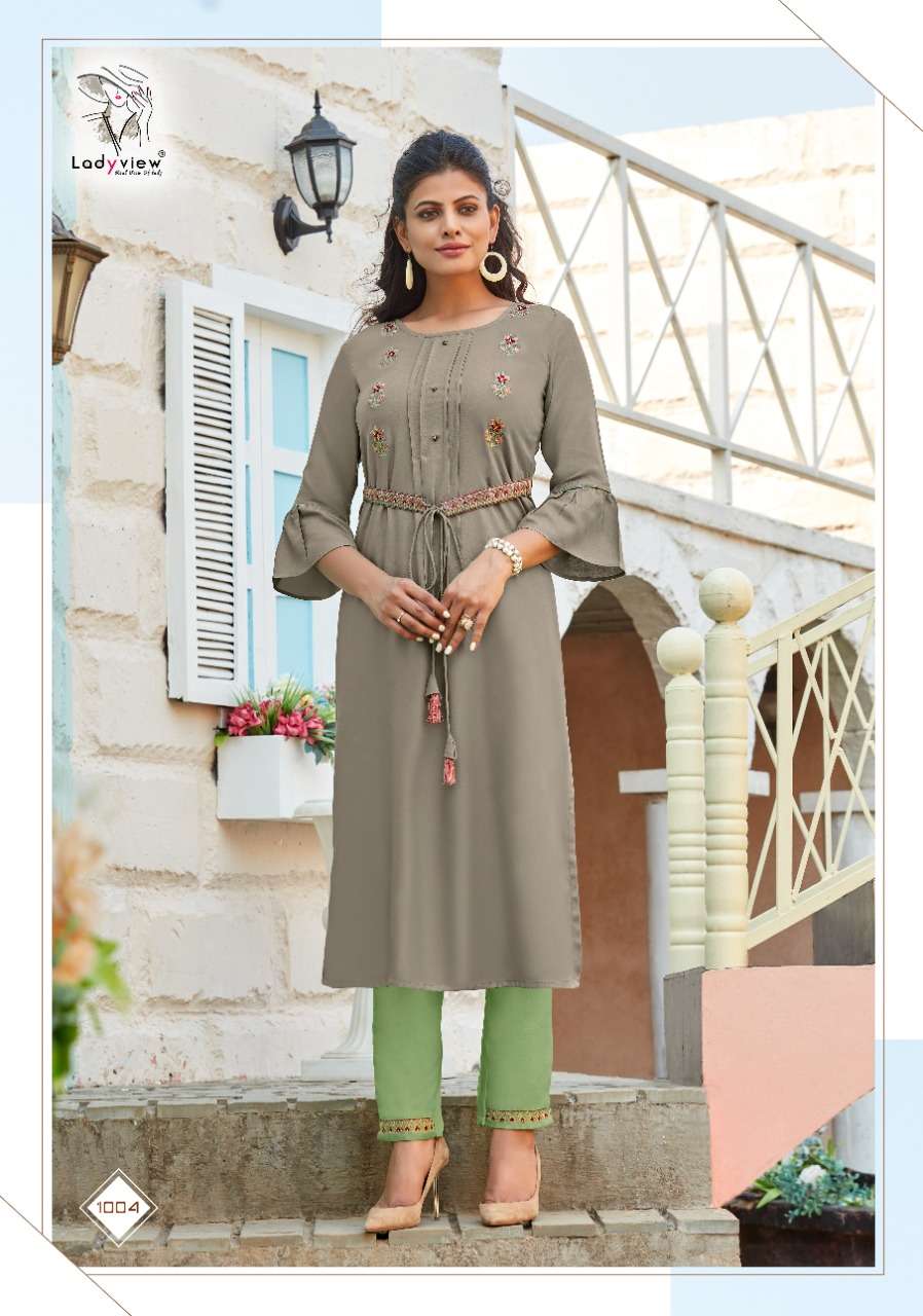 BELTOM BY LADY VIEW 1001 TO 1006 SERIES DESIGNER STYLISH FANCY COLORFUL BEAUTIFUL PARTY WEAR & ETHNIC WEAR COLLECTION RAYON EMBROIDERY KURTIS WITH BOTTOM AT WHOLESALE PRICE
