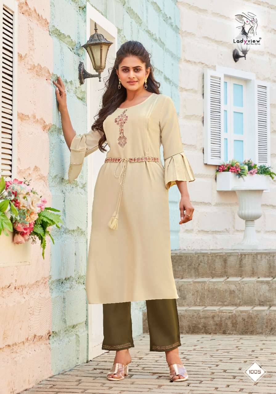 BELTOM BY LADY VIEW 1001 TO 1006 SERIES DESIGNER STYLISH FANCY COLORFUL BEAUTIFUL PARTY WEAR & ETHNIC WEAR COLLECTION RAYON EMBROIDERY KURTIS WITH BOTTOM AT WHOLESALE PRICE