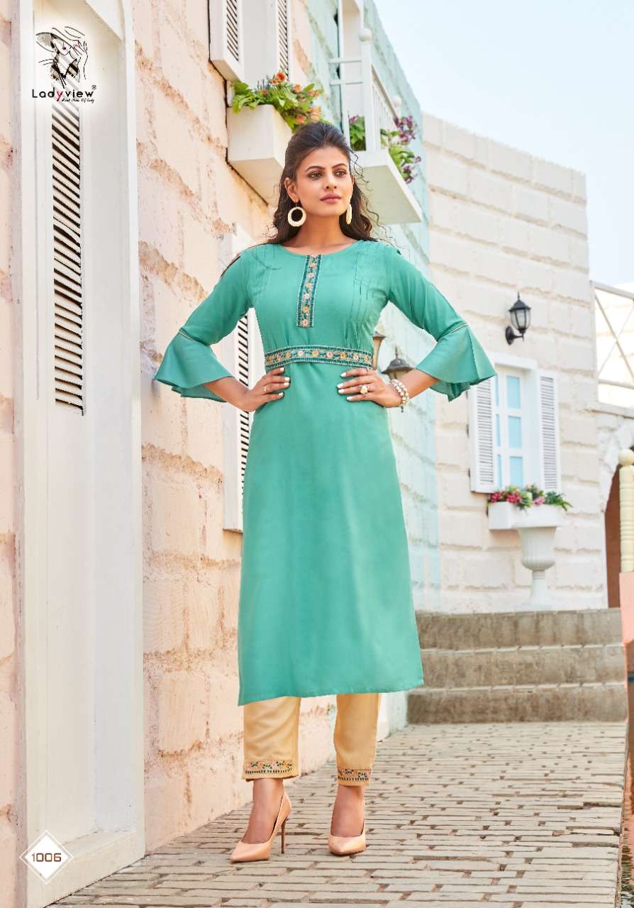 BELTOM BY LADY VIEW 1001 TO 1006 SERIES DESIGNER STYLISH FANCY COLORFUL BEAUTIFUL PARTY WEAR & ETHNIC WEAR COLLECTION RAYON EMBROIDERY KURTIS WITH BOTTOM AT WHOLESALE PRICE