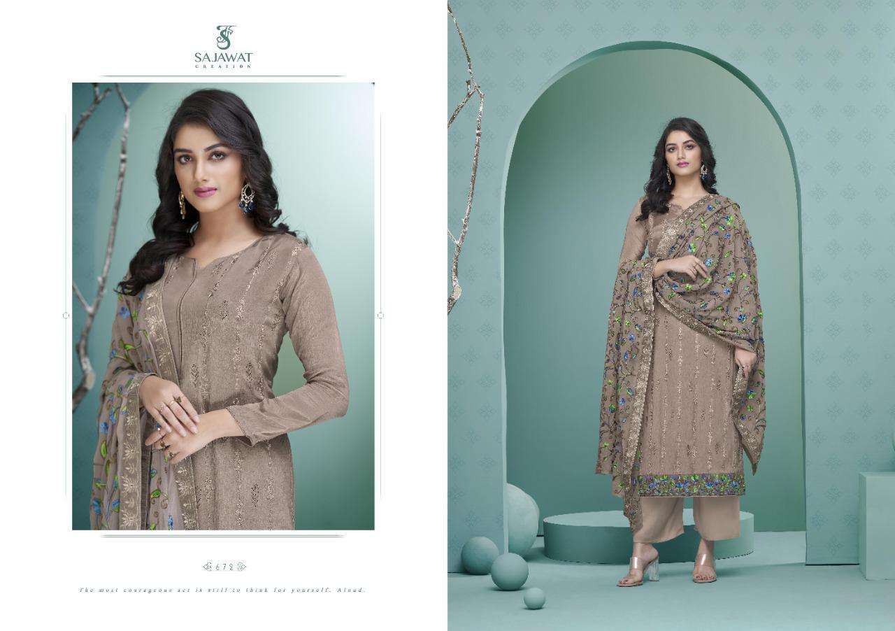 PANKHI VOL-1 BY SAJAWAT CREATION 671 TO 675 SERIES BEAUTIFUL STYLISH SUITS FANCY COLORFUL CASUAL WEAR & ETHNIC WEAR & READY TO WEAR HEAVY GEORGETTE EMBROIDERED DRESSES AT WHOLESALE PRICE