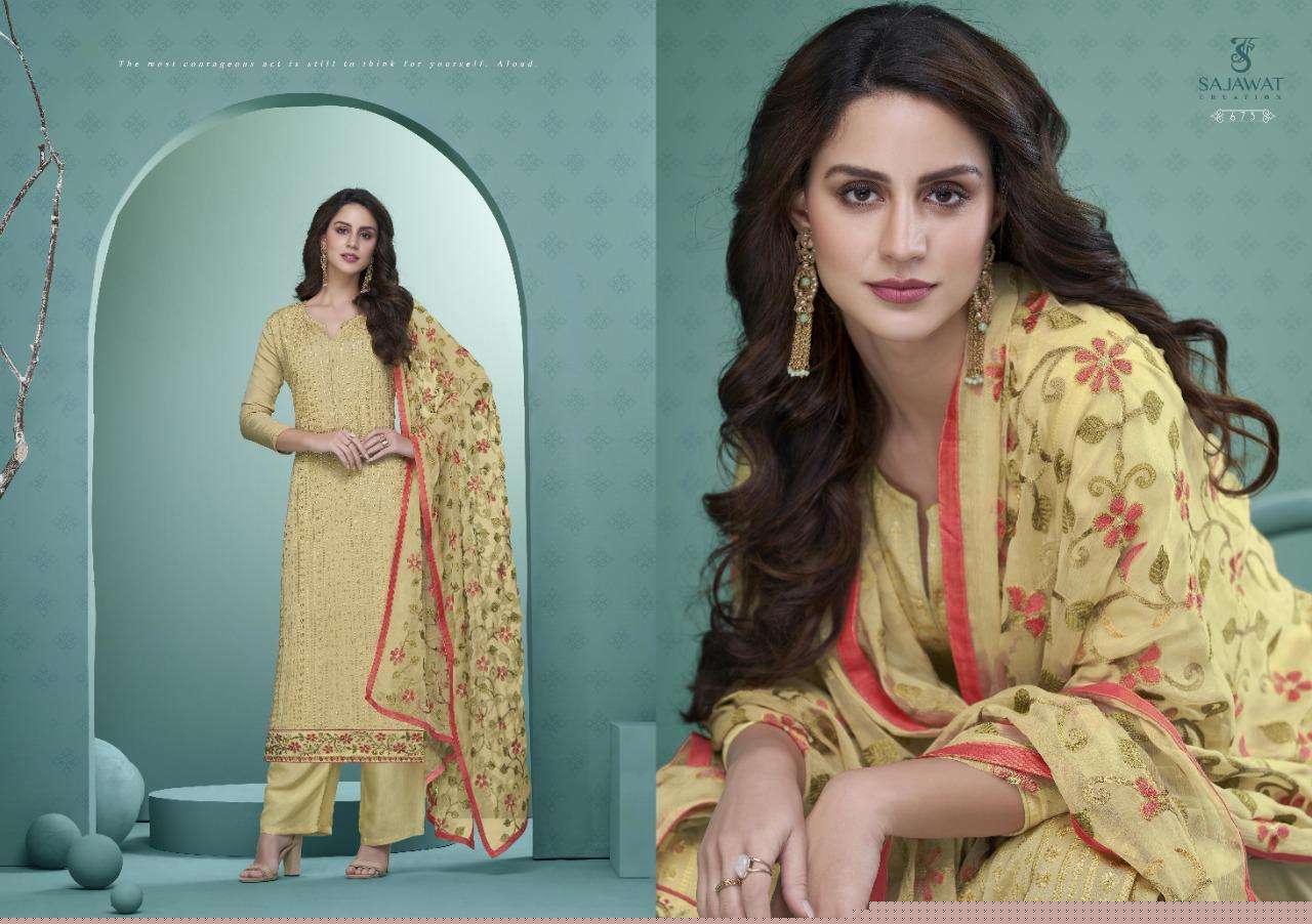PANKHI VOL-1 BY SAJAWAT CREATION 671 TO 675 SERIES BEAUTIFUL STYLISH SUITS FANCY COLORFUL CASUAL WEAR & ETHNIC WEAR & READY TO WEAR HEAVY GEORGETTE EMBROIDERED DRESSES AT WHOLESALE PRICE
