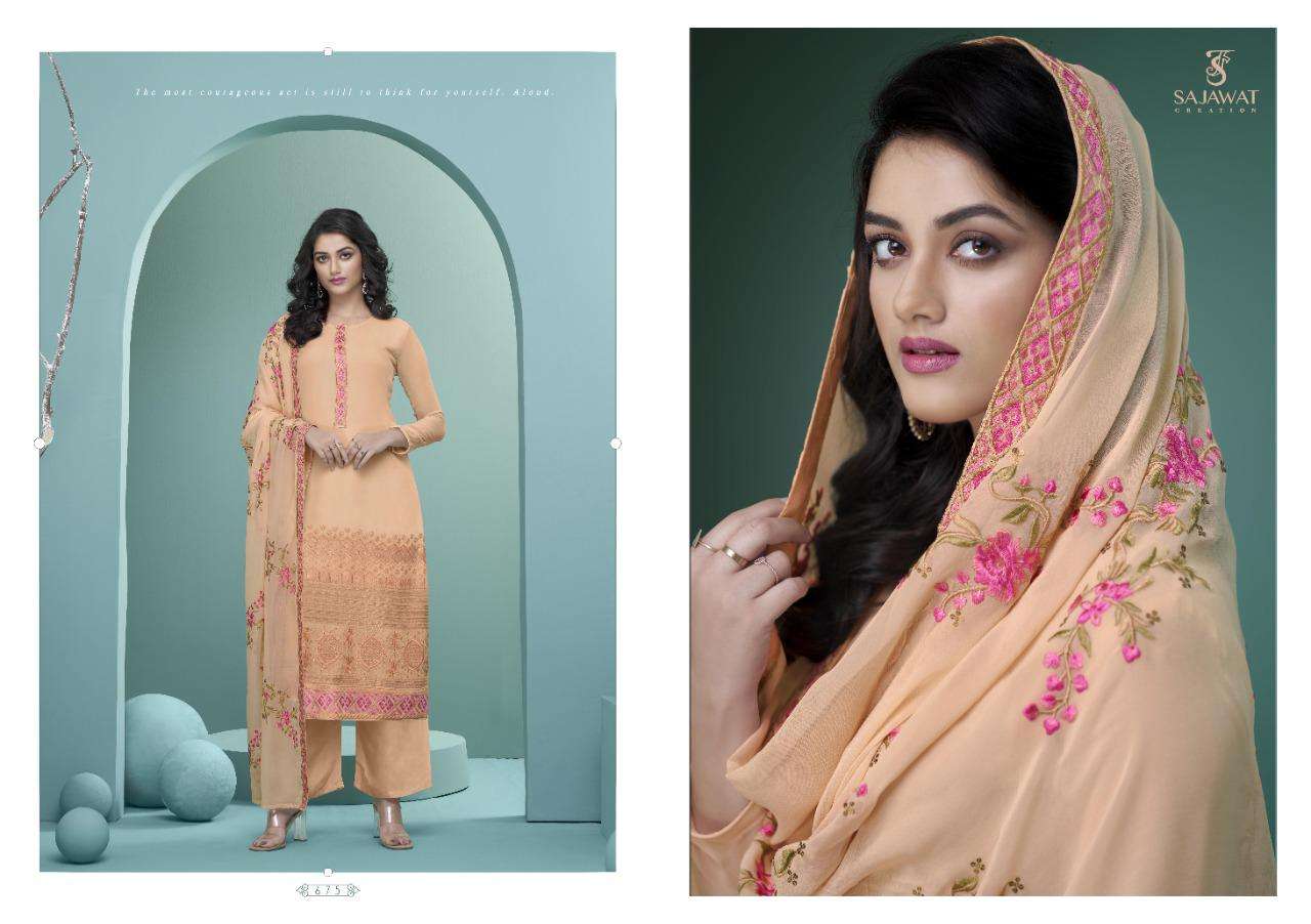 PANKHI VOL-1 BY SAJAWAT CREATION 671 TO 675 SERIES BEAUTIFUL STYLISH SUITS FANCY COLORFUL CASUAL WEAR & ETHNIC WEAR & READY TO WEAR HEAVY GEORGETTE EMBROIDERED DRESSES AT WHOLESALE PRICE