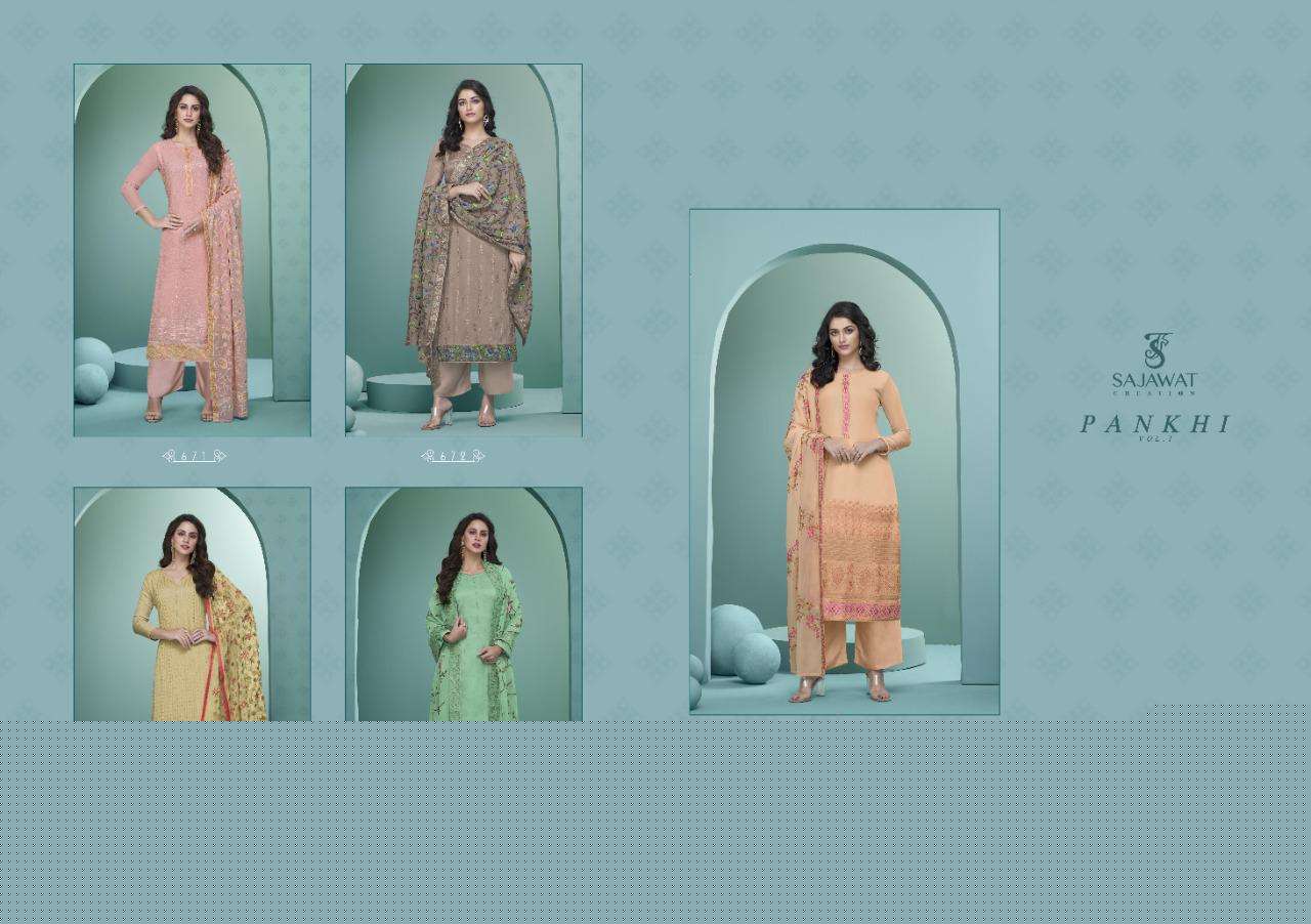 PANKHI VOL-1 BY SAJAWAT CREATION 671 TO 675 SERIES BEAUTIFUL STYLISH SUITS FANCY COLORFUL CASUAL WEAR & ETHNIC WEAR & READY TO WEAR HEAVY GEORGETTE EMBROIDERED DRESSES AT WHOLESALE PRICE