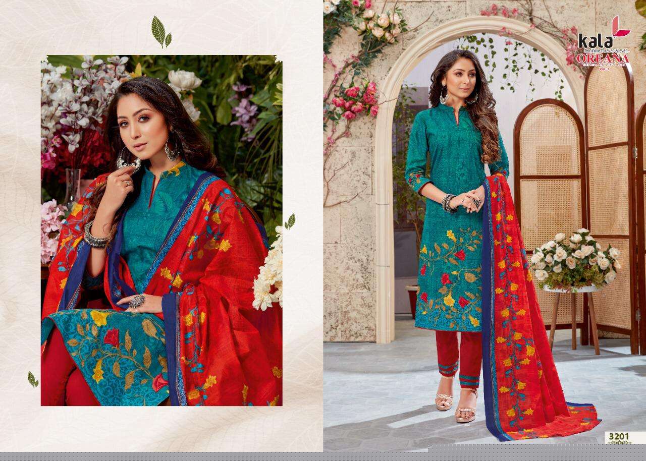 OREANA VOL-5 BY KALA 3201 TO 3212 SERIES BEAUTIFUL SUITS STYLISH FANCY COLORFUL PARTY WEAR & OCCASIONAL WEAR PURE COTTON PRINT DRESSES AT WHOLESALE PRICE