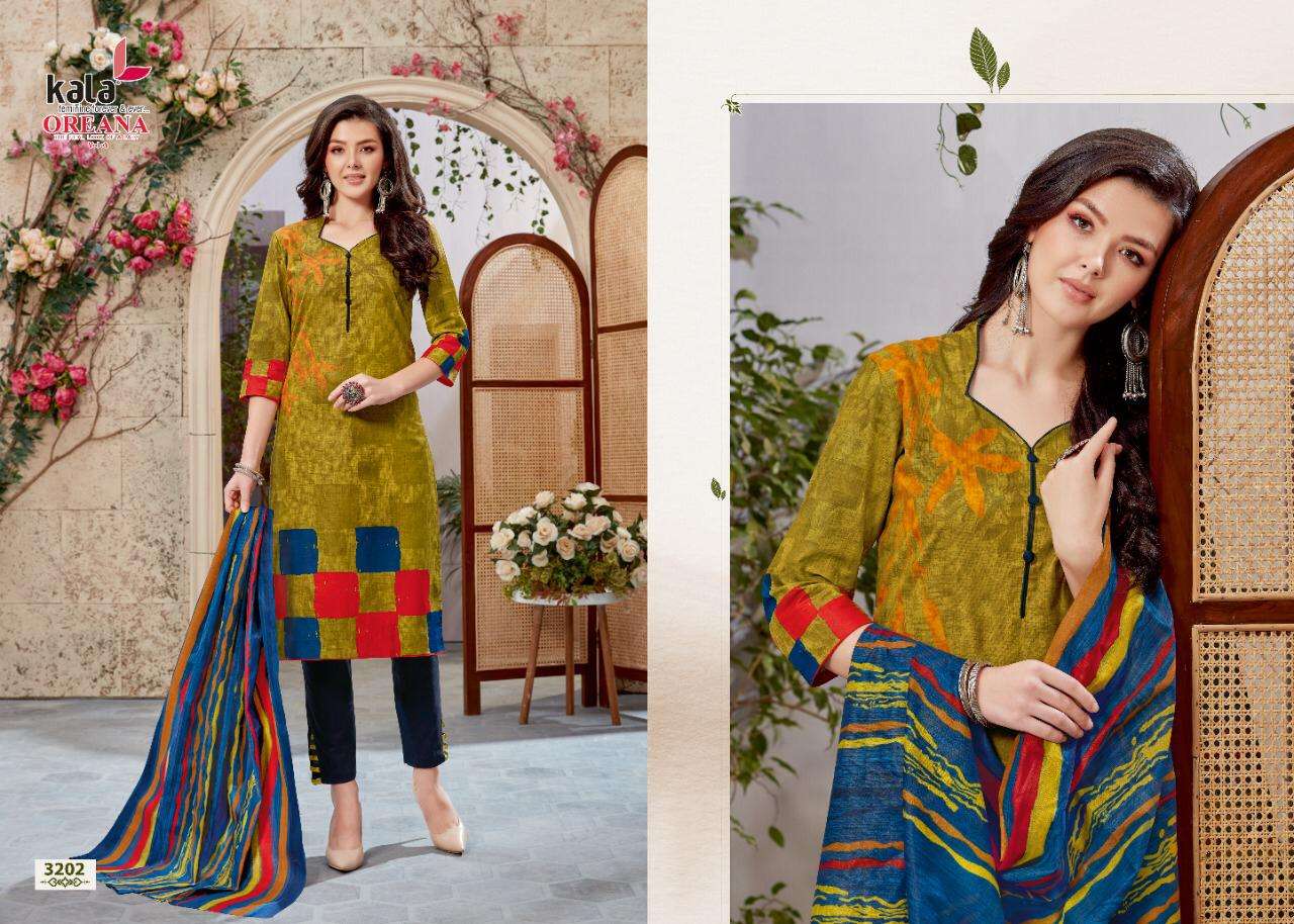 OREANA VOL-5 BY KALA 3201 TO 3212 SERIES BEAUTIFUL SUITS STYLISH FANCY COLORFUL PARTY WEAR & OCCASIONAL WEAR PURE COTTON PRINT DRESSES AT WHOLESALE PRICE