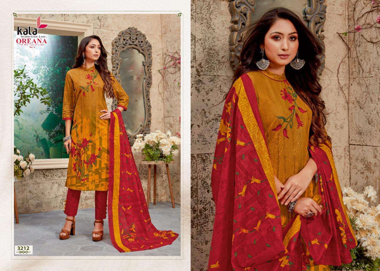 OREANA VOL-5 BY KALA 3201 TO 3212 SERIES BEAUTIFUL SUITS STYLISH FANCY COLORFUL PARTY WEAR & OCCASIONAL WEAR PURE COTTON PRINT DRESSES AT WHOLESALE PRICE