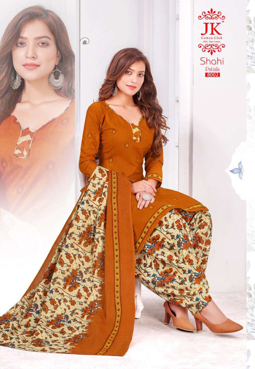 SHAHI PATIYALA VOL-8 BY JK COTTON CLUB 8001 TO 8012 SERIES BEAUTIFUL STYLISH SUITS FANCY COLORFUL CASUAL WEAR & ETHNIC WEAR & READY TO WEAR INDONASIA COTTON PRINTED DRESSES AT WHOLESALE PRICE