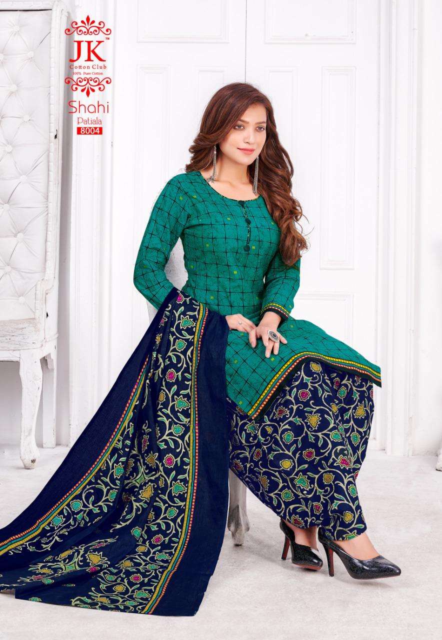 SHAHI PATIYALA VOL-8 BY JK COTTON CLUB 8001 TO 8012 SERIES BEAUTIFUL STYLISH SUITS FANCY COLORFUL CASUAL WEAR & ETHNIC WEAR & READY TO WEAR INDONASIA COTTON PRINTED DRESSES AT WHOLESALE PRICE