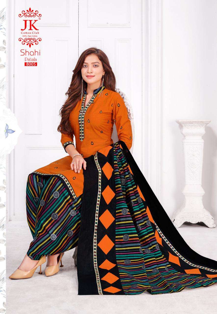 SHAHI PATIYALA VOL-8 BY JK COTTON CLUB 8001 TO 8012 SERIES BEAUTIFUL STYLISH SUITS FANCY COLORFUL CASUAL WEAR & ETHNIC WEAR & READY TO WEAR INDONASIA COTTON PRINTED DRESSES AT WHOLESALE PRICE
