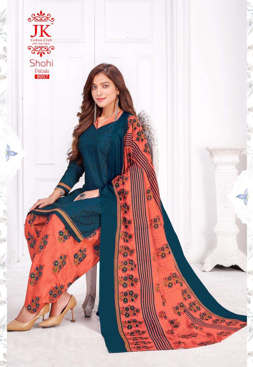 SHAHI PATIYALA VOL-8 BY JK COTTON CLUB 8001 TO 8012 SERIES BEAUTIFUL STYLISH SUITS FANCY COLORFUL CASUAL WEAR & ETHNIC WEAR & READY TO WEAR INDONASIA COTTON PRINTED DRESSES AT WHOLESALE PRICE