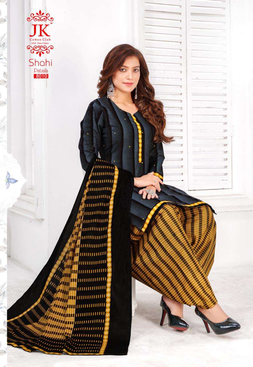 SHAHI PATIYALA VOL-8 BY JK COTTON CLUB 8001 TO 8012 SERIES BEAUTIFUL STYLISH SUITS FANCY COLORFUL CASUAL WEAR & ETHNIC WEAR & READY TO WEAR INDONASIA COTTON PRINTED DRESSES AT WHOLESALE PRICE