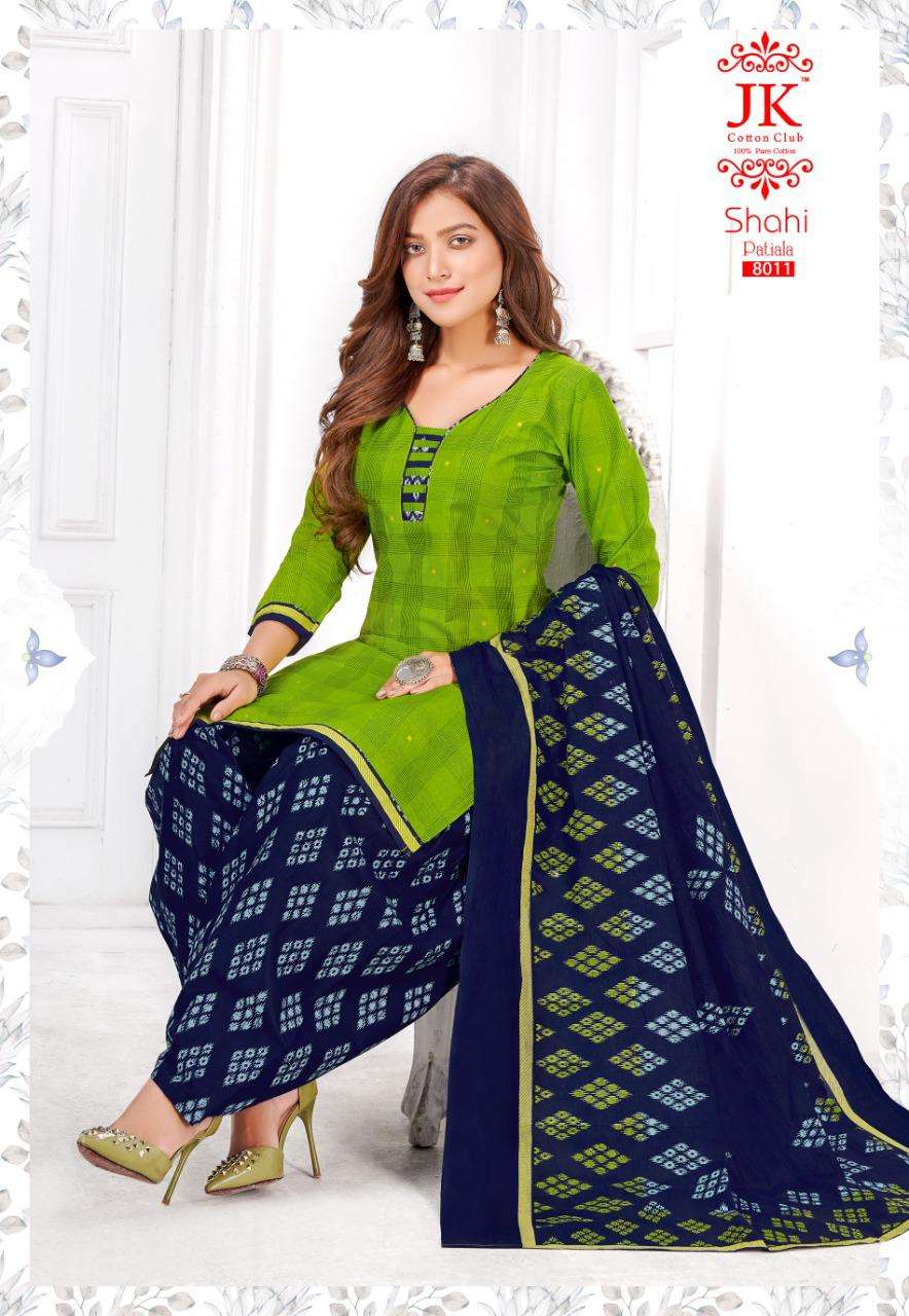 SHAHI PATIYALA VOL-8 BY JK COTTON CLUB 8001 TO 8012 SERIES BEAUTIFUL STYLISH SUITS FANCY COLORFUL CASUAL WEAR & ETHNIC WEAR & READY TO WEAR INDONASIA COTTON PRINTED DRESSES AT WHOLESALE PRICE