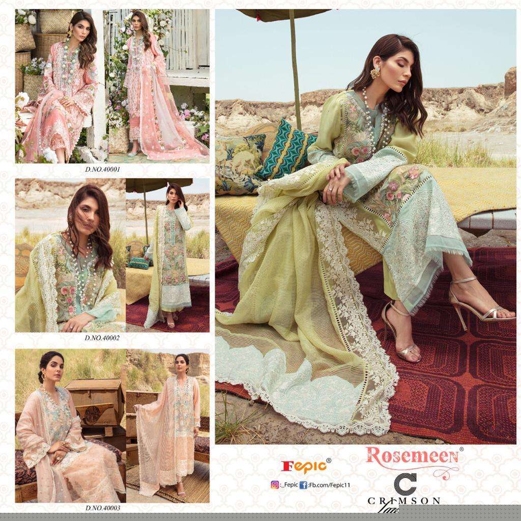 ROSEMEEN CRIMSON LAWN COLLECTION BY FEPIC 40001 TO 40003 SERIES DESIGNER PAKISTANI SUITS BEAUTIFUL STYLISH FANCY COLORFUL PARTY WEAR & OCCASIONAL WEAR PURE COTTON EMBROIDERY DRESSES AT WHOLESALE PRICE