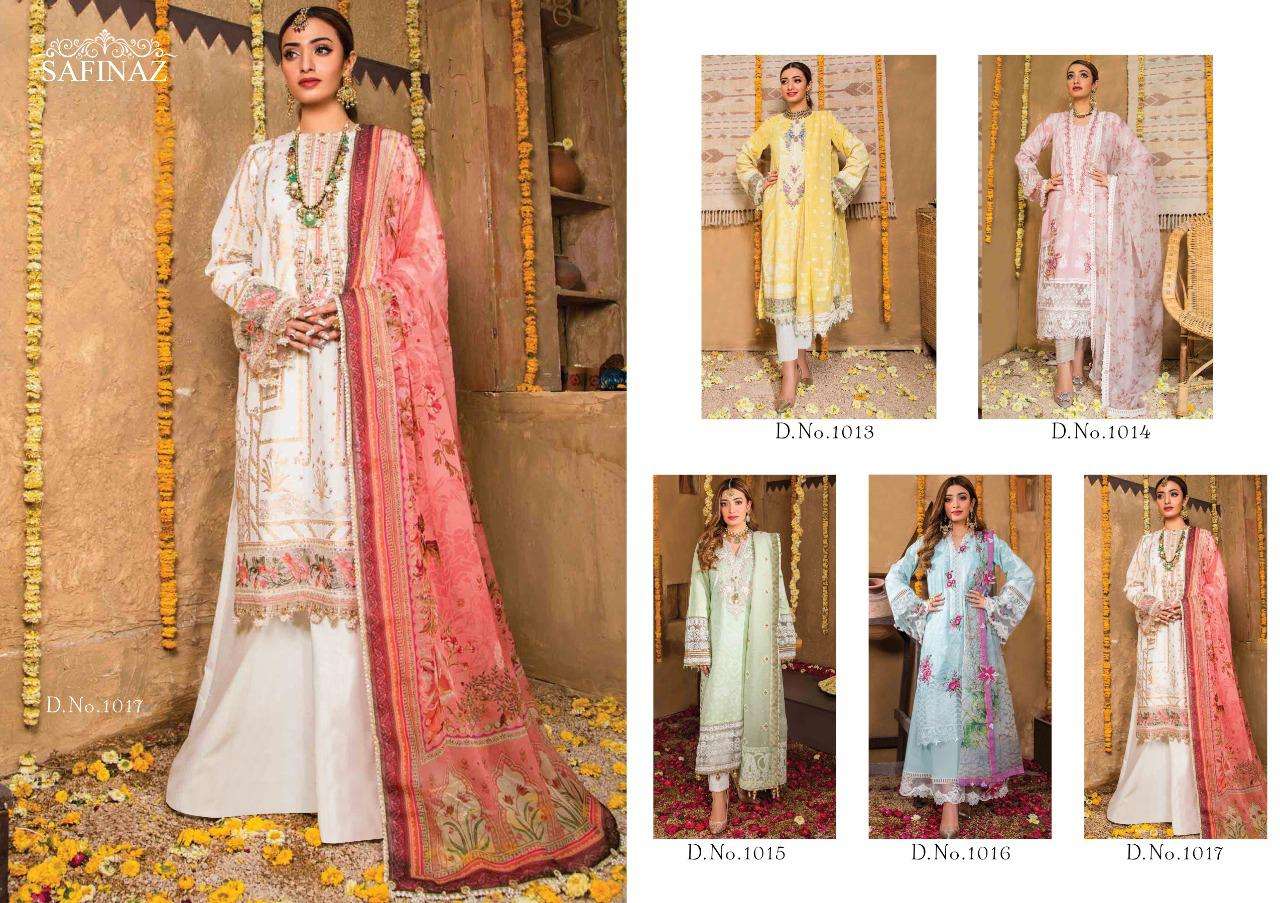 MUZLIN LAWN COLLECTION-21 BY SAFINAZ 1013 TO 1017 SERIES DESIGNER PAKISTANI SUITS BEAUTIFUL STYLISH FANCY COLORFUL PARTY WEAR & OCCASIONAL WEAR PURE CAMBRIC COTTON EMBRODERED DRESSES AT WHOLESALE PRICE