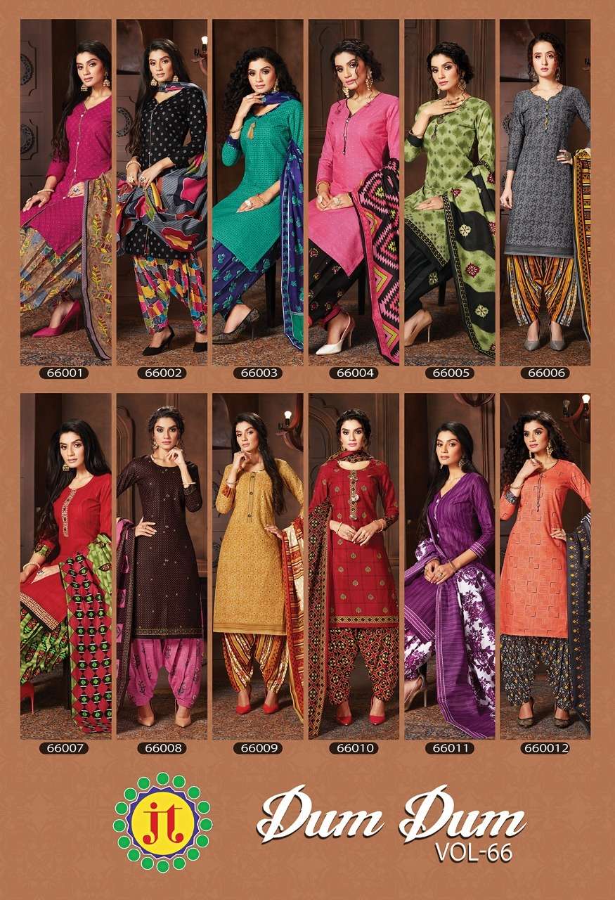 DUM DUM VOL-66 BY JT 66001 TO 66012 SERIES BEAUTIFUL SUITS COLORFUL STYLISH FANCY CASUAL WEAR & ETHNIC WEAR COTTON PRINT DRESSES AT WHOLESALE PRICE