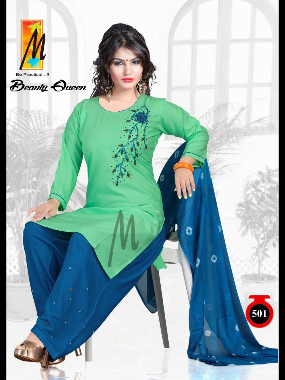BEAUTY QUEEN BY M BE PRACTICAL 501 TO 508 SERIES BEAUTIFUL STYLISH PATIYALA SUITS FANCY COLORFUL CASUAL WEAR & ETHNIC WEAR & READY TO WEAR RAYON WITH WORK DRESSES AT WHOLESALE PRICE