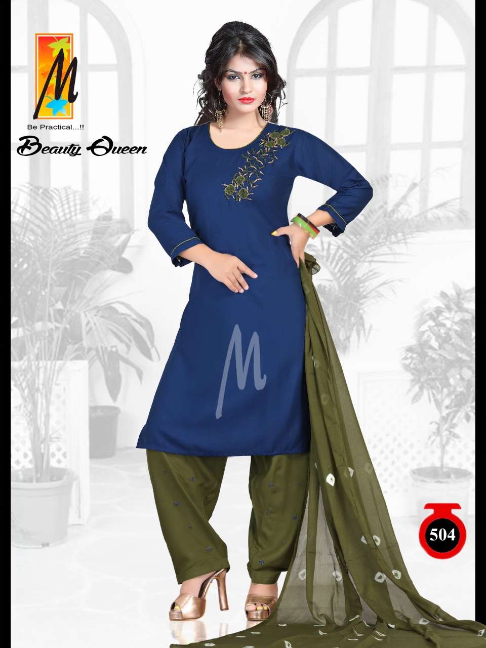 BEAUTY QUEEN BY M BE PRACTICAL 501 TO 508 SERIES BEAUTIFUL STYLISH PATIYALA SUITS FANCY COLORFUL CASUAL WEAR & ETHNIC WEAR & READY TO WEAR RAYON WITH WORK DRESSES AT WHOLESALE PRICE