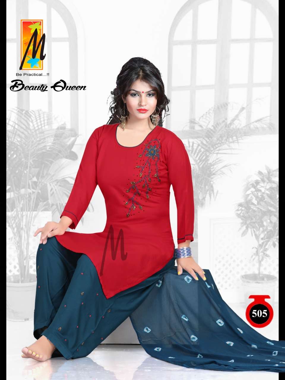 BEAUTY QUEEN BY M BE PRACTICAL 501 TO 508 SERIES BEAUTIFUL STYLISH PATIYALA SUITS FANCY COLORFUL CASUAL WEAR & ETHNIC WEAR & READY TO WEAR RAYON WITH WORK DRESSES AT WHOLESALE PRICE