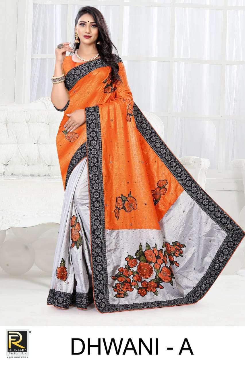 DHWANI BY RONISHA FASHION A TO D SERIES INDIAN TRADITIONAL WEAR COLLECTION BEAUTIFUL STYLISH FANCY COLORFUL PARTY WEAR & OCCASIONAL WEAR BRASSO EMBROIDERED SAREES AT WHOLESALE PRICE