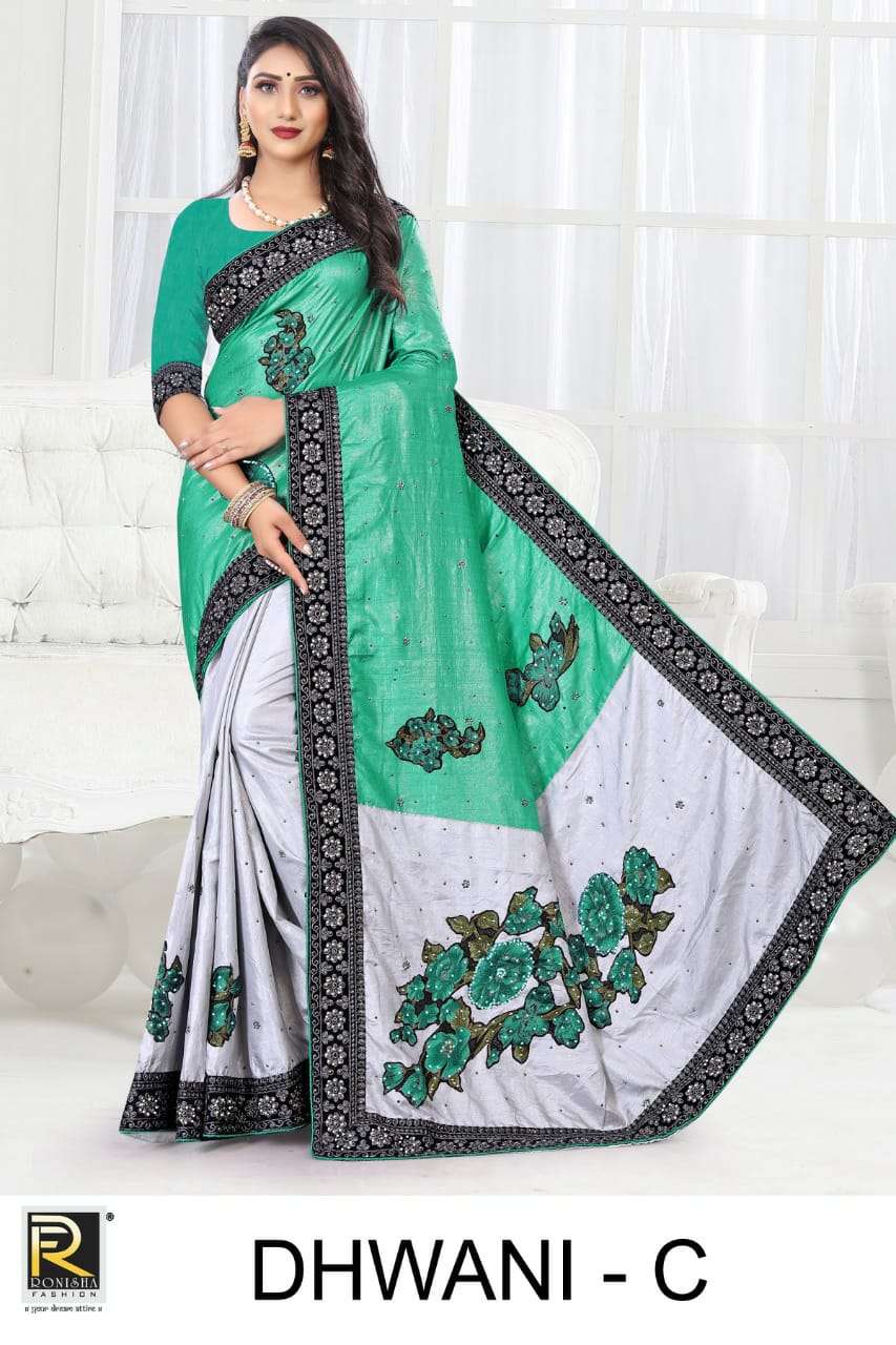 DHWANI BY RONISHA FASHION A TO D SERIES INDIAN TRADITIONAL WEAR COLLECTION BEAUTIFUL STYLISH FANCY COLORFUL PARTY WEAR & OCCASIONAL WEAR BRASSO EMBROIDERED SAREES AT WHOLESALE PRICE
