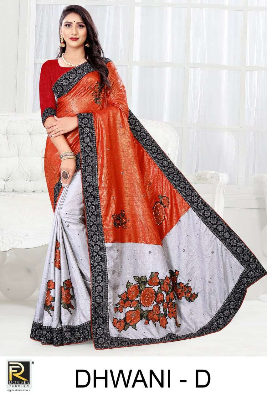 DHWANI BY RONISHA FASHION A TO D SERIES INDIAN TRADITIONAL WEAR COLLECTION BEAUTIFUL STYLISH FANCY COLORFUL PARTY WEAR & OCCASIONAL WEAR BRASSO EMBROIDERED SAREES AT WHOLESALE PRICE