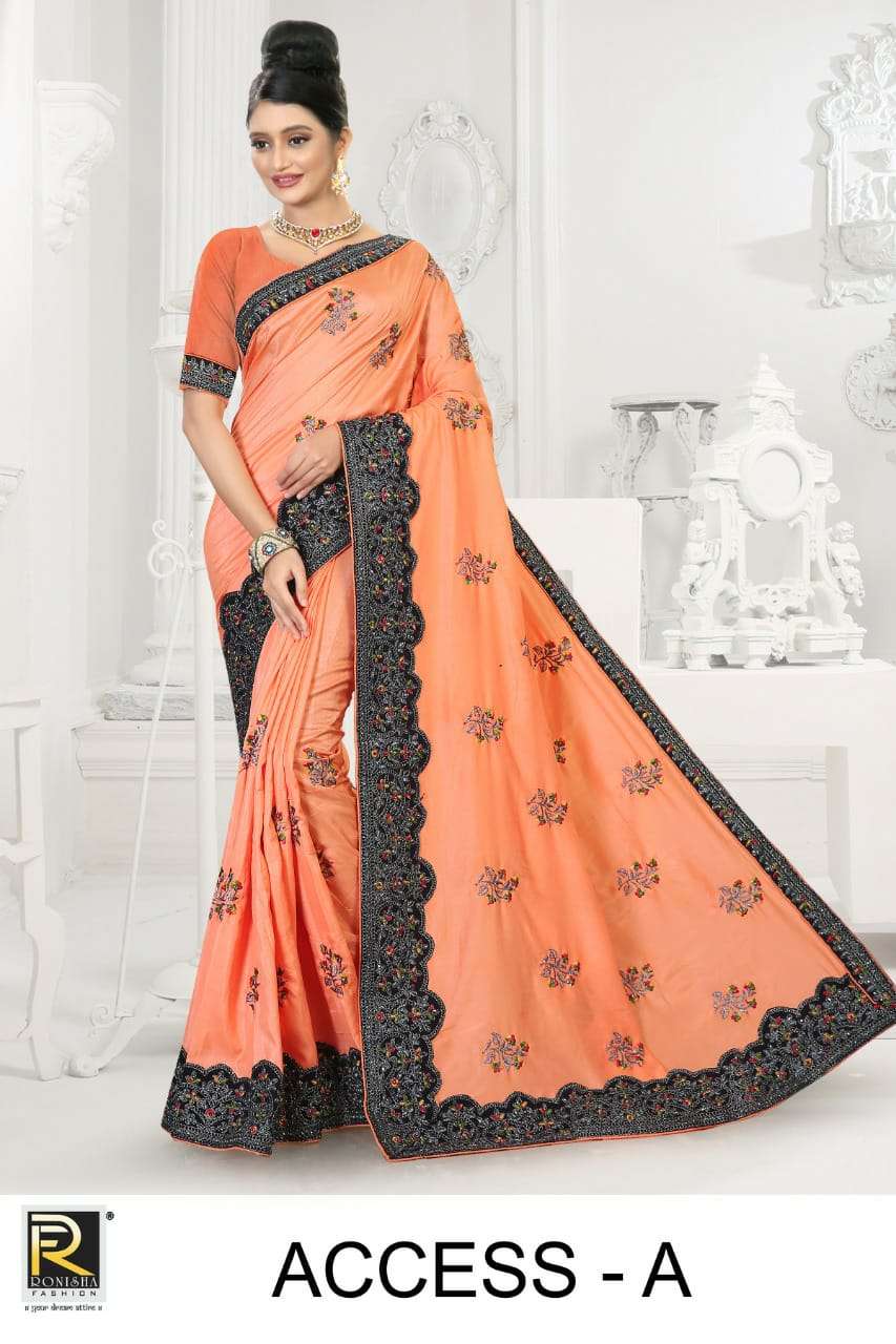 ACCESS BY RONISHA FASHION A TO E SERIES INDIAN TRADITIONAL WEAR COLLECTION BEAUTIFUL STYLISH FANCY COLORFUL PARTY WEAR & OCCASIONAL WEAR DOLA SILK EMBROIDERED SAREES AT WHOLESALE PRICE