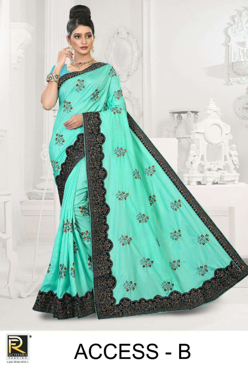ACCESS BY RONISHA FASHION A TO E SERIES INDIAN TRADITIONAL WEAR COLLECTION BEAUTIFUL STYLISH FANCY COLORFUL PARTY WEAR & OCCASIONAL WEAR DOLA SILK EMBROIDERED SAREES AT WHOLESALE PRICE